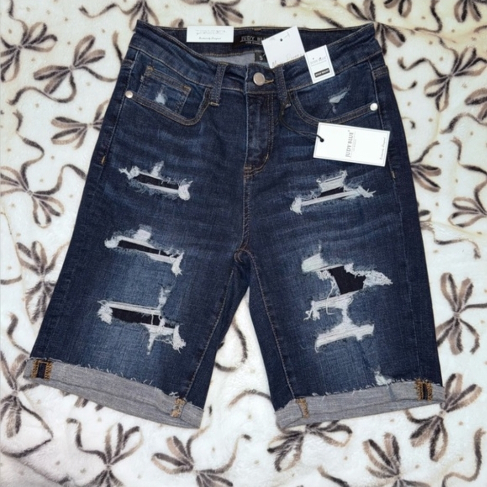 Judy Blue Los Angeles Blue Denim High Rise Distressed Bermuda Shorts Women’s M - Picture 5 of 6